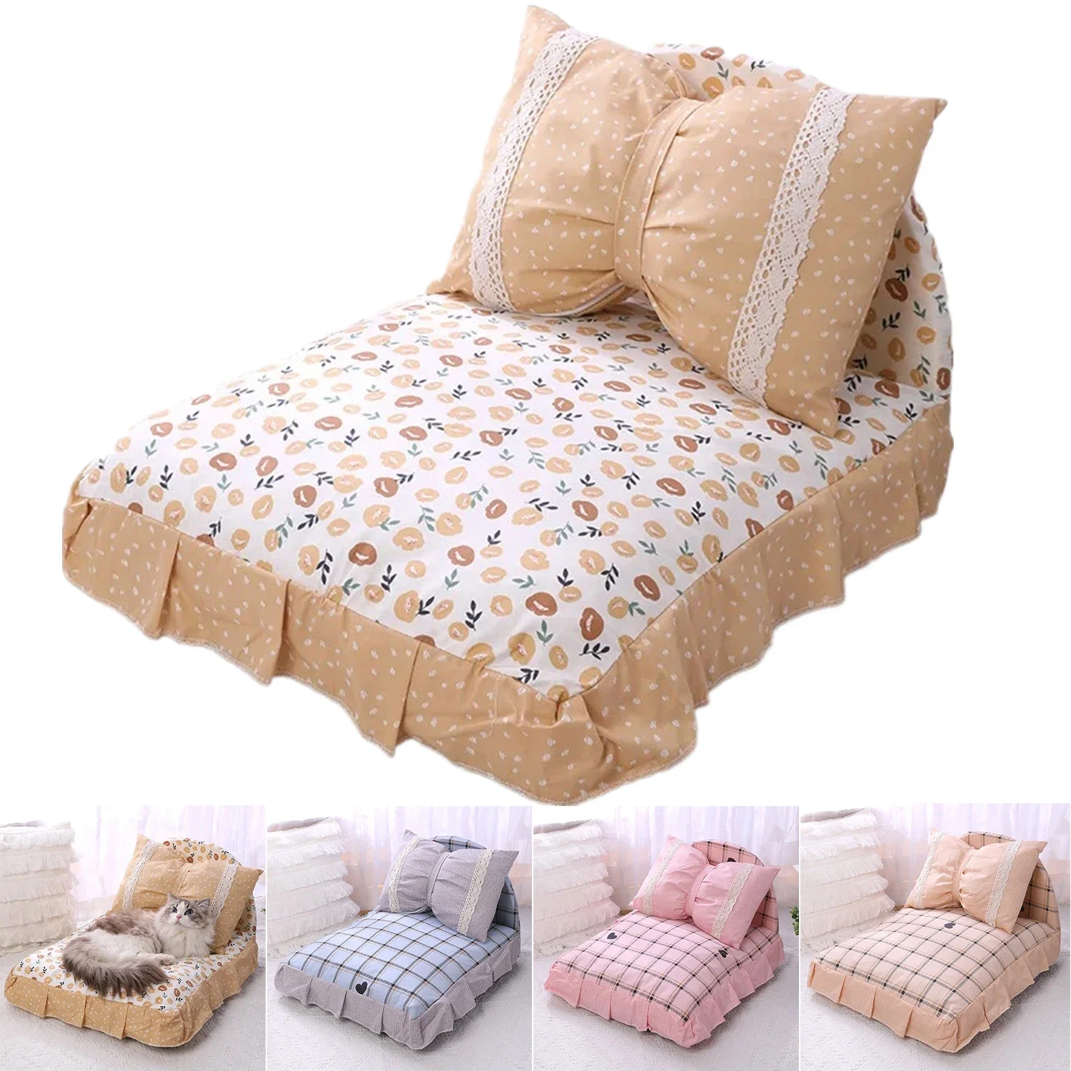 

Detachable Cute Bow Cat Dog Bed with Pillow Princess Nest Small Medium Puppy Mattresses Sleeping Mat Pet Sofa Dog Beds Supplies