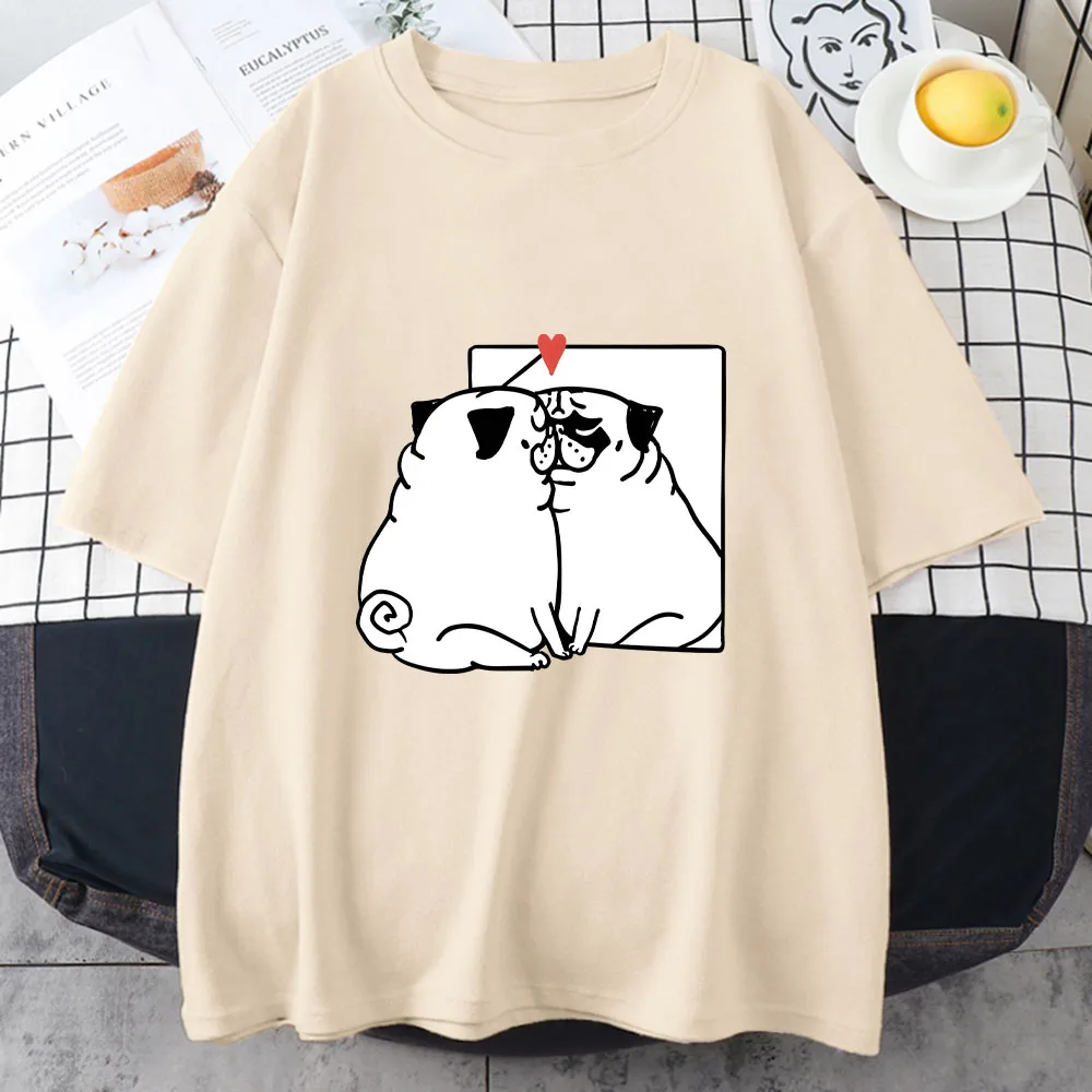 Pug Dog T-shirt Women's Couples Models Tees Casual Loose American Illustration Style Short-sleeved Upper Shirt Couples Clothing