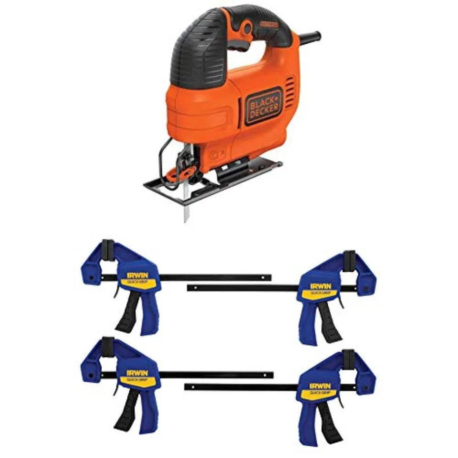 

Jig Saw 4.5 -Amp with IRWIN QUICK-GRIP Clamps One-Handed Mini Bar 6-Inch 4-Pack BDEJS300C and 1964758