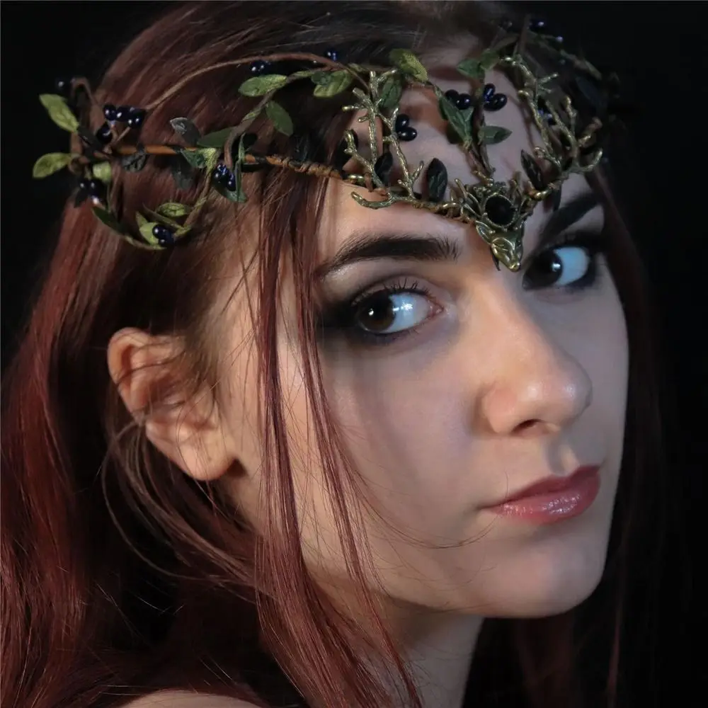 

Vintage Fairy Black Green Antler Crown Halloween Cosplay Wedding Party Ren Faire Costume Photos Forest Headpiece for Women