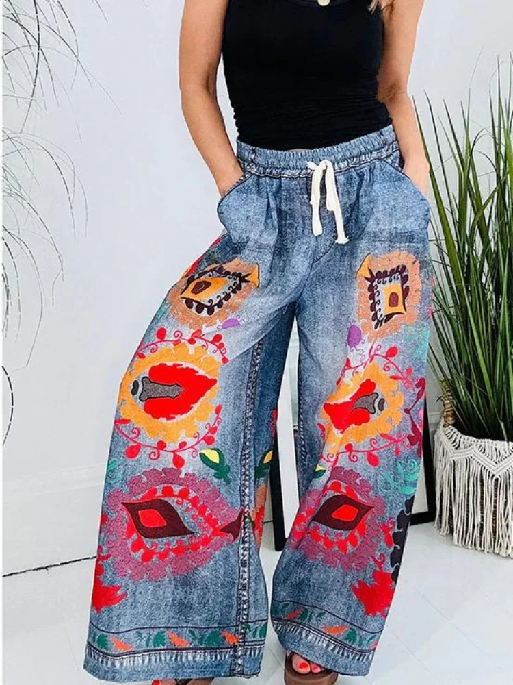 

Spring And Summer New Imitation Denim Trousers Women's Printed Graffiti Pockets Loose Lace-up Wide Footed Casual Female Pants