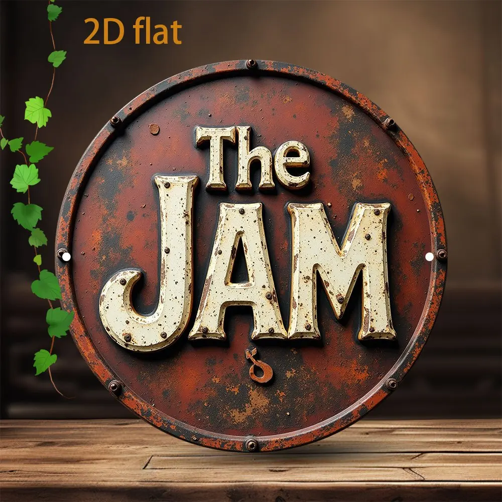 1 Stück 2D-Flachdruck-Metallschild, 1 Stück „The Jam“ Metall-Wandkunst – Vintage-Kreisschild, 19,81 x 19,81 cm, rustikal, im Used-Look