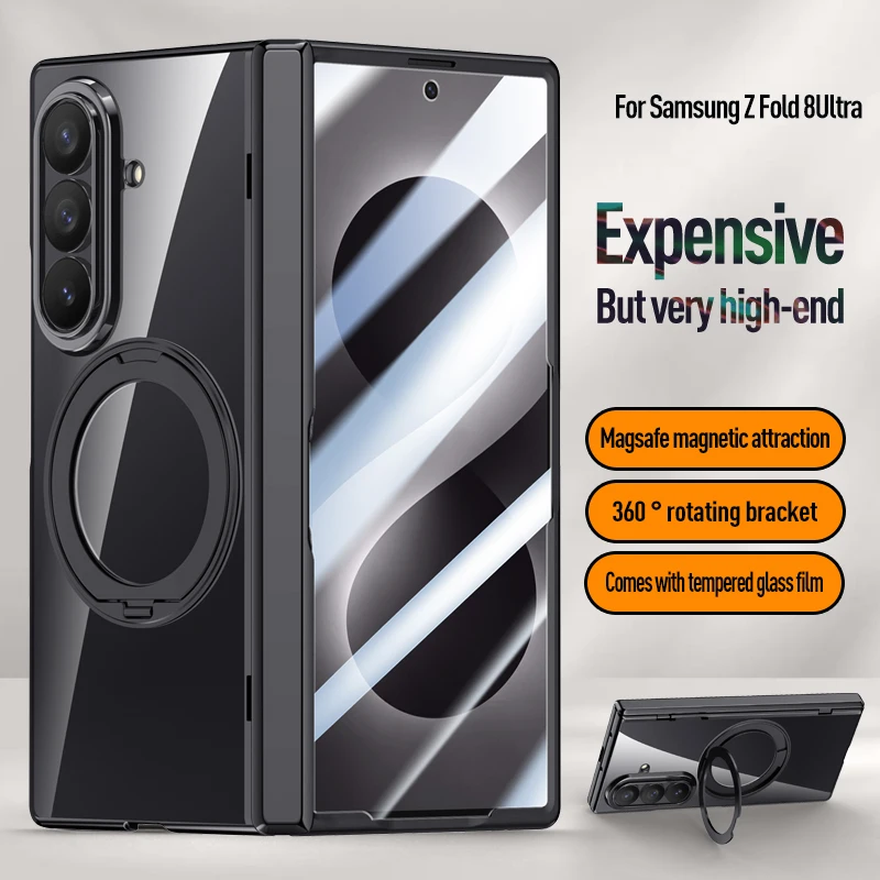 For Samsung Galaxy Z Fold 8 Ultra Swivel Alloy Bracket Magnetic & Bracket & Ring 3in1 Tempered Glass Film For Magsafe Phone Case