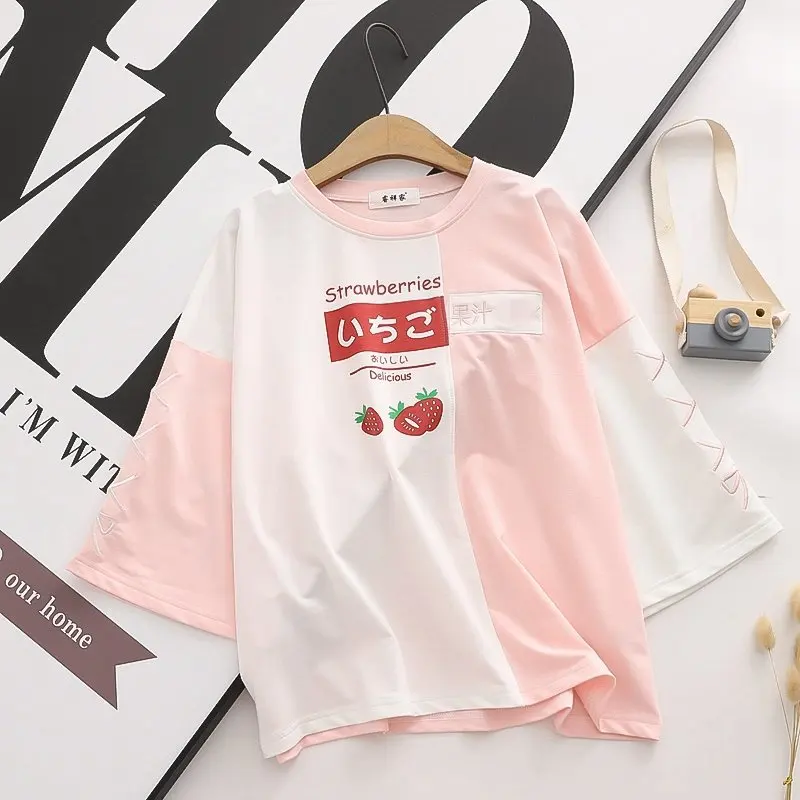 Harajuku Strawberry Juice Graphic Print Women\'s T-shirt 2024 Summer Patchwork Color Cute Tshirt Pink Top School Girls Tee Shirts