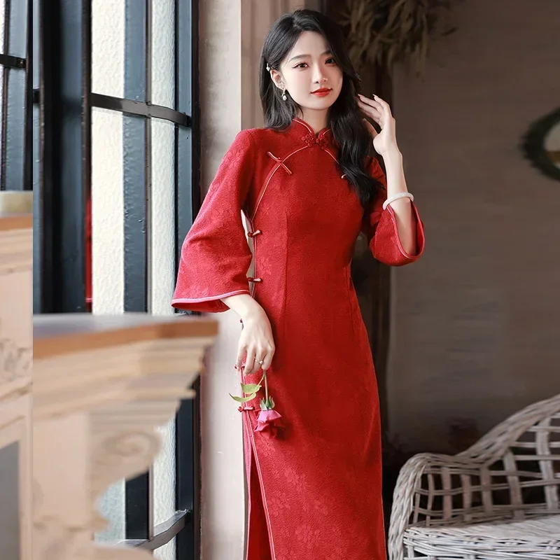 

Qipao традиционное китайское женское платье, платье rojo de media manga, Cheongsam Modern, bata Oriental, traje de estilo chino para mu