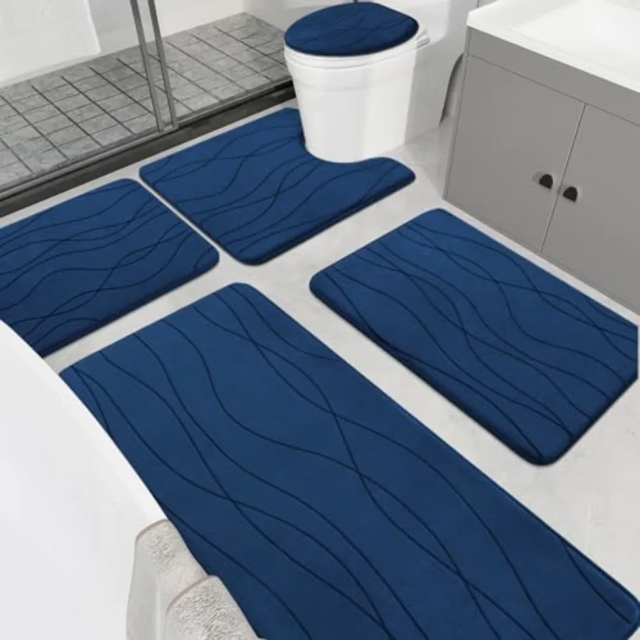 

YIHOUSE Memory Foam Blue Bathroom Rug Sets 5 Piece Ultra Absorbent Bath Mat for Bathroom - Non-Slip Machine Washable and Dry Qu