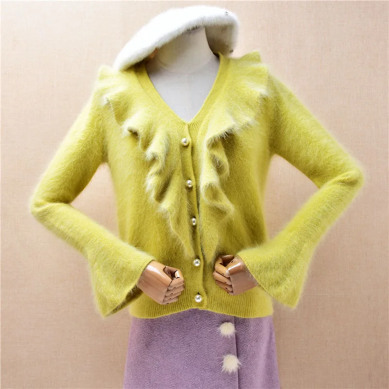 

Ladies Women Spring Autumn Fashion Hairy Pleated Angora Rabbit Hair Knitted V-Neck Long Sleeves Slim Cardigans Sweater Jacket