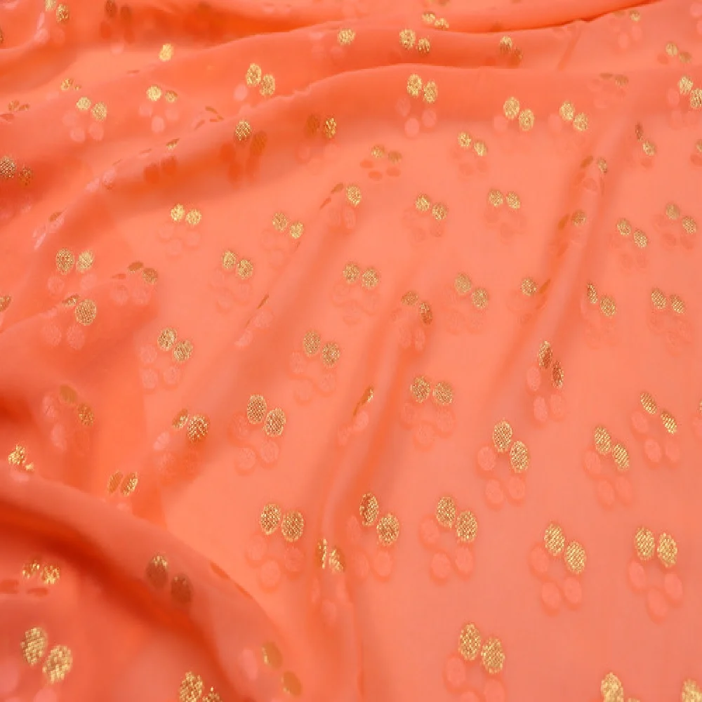 Shiny Fashion China Hot Sale 100% Pure Silk Jacquard Metallic Fabric Gold Flowers Orange for Lady Shirt Pants Cloth