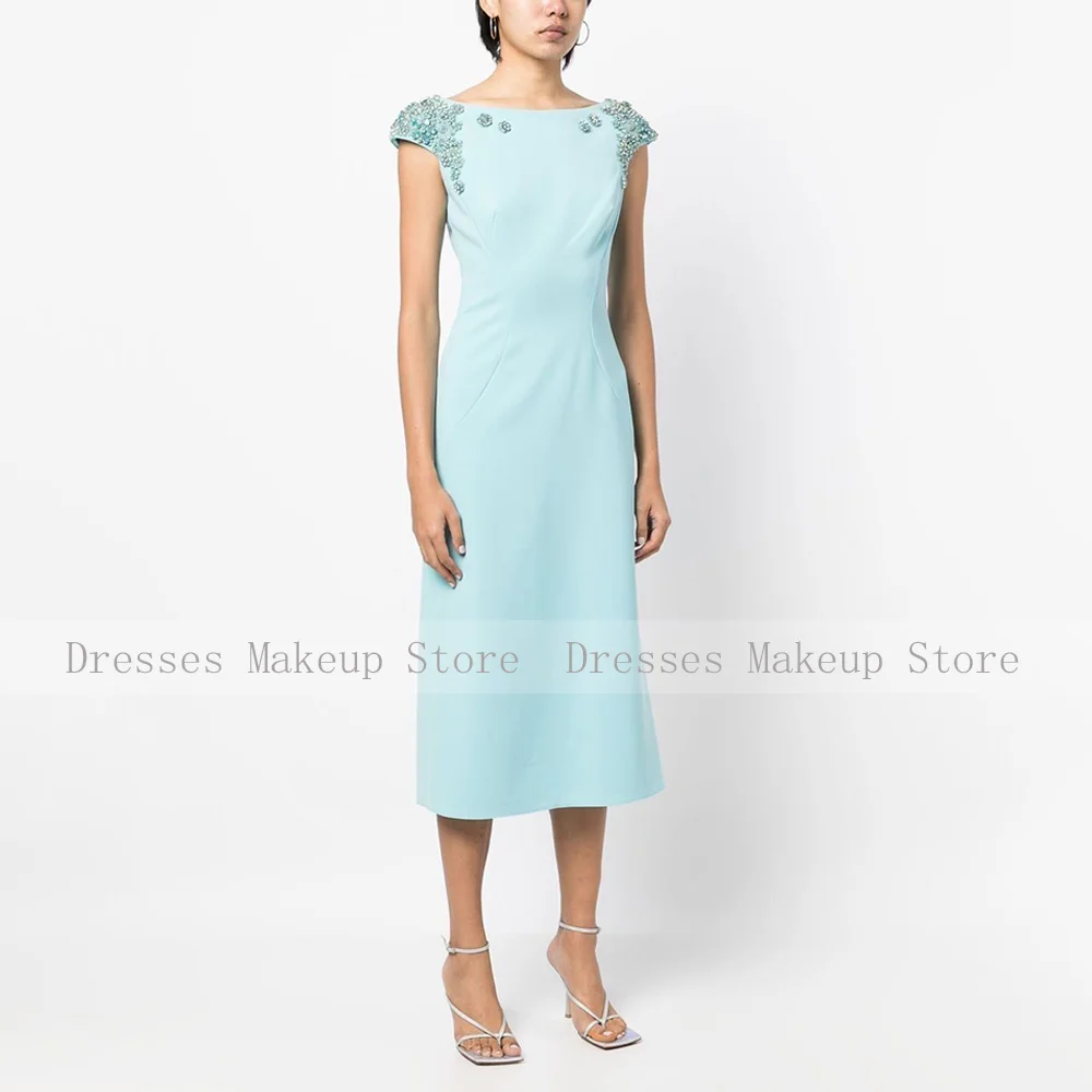 Short Evening Party Dresses Mint Crystal Scoop Cap Sleeves Luxury Cocktail Gowns for Women 2024 Tea Length Column Cocktail Dress