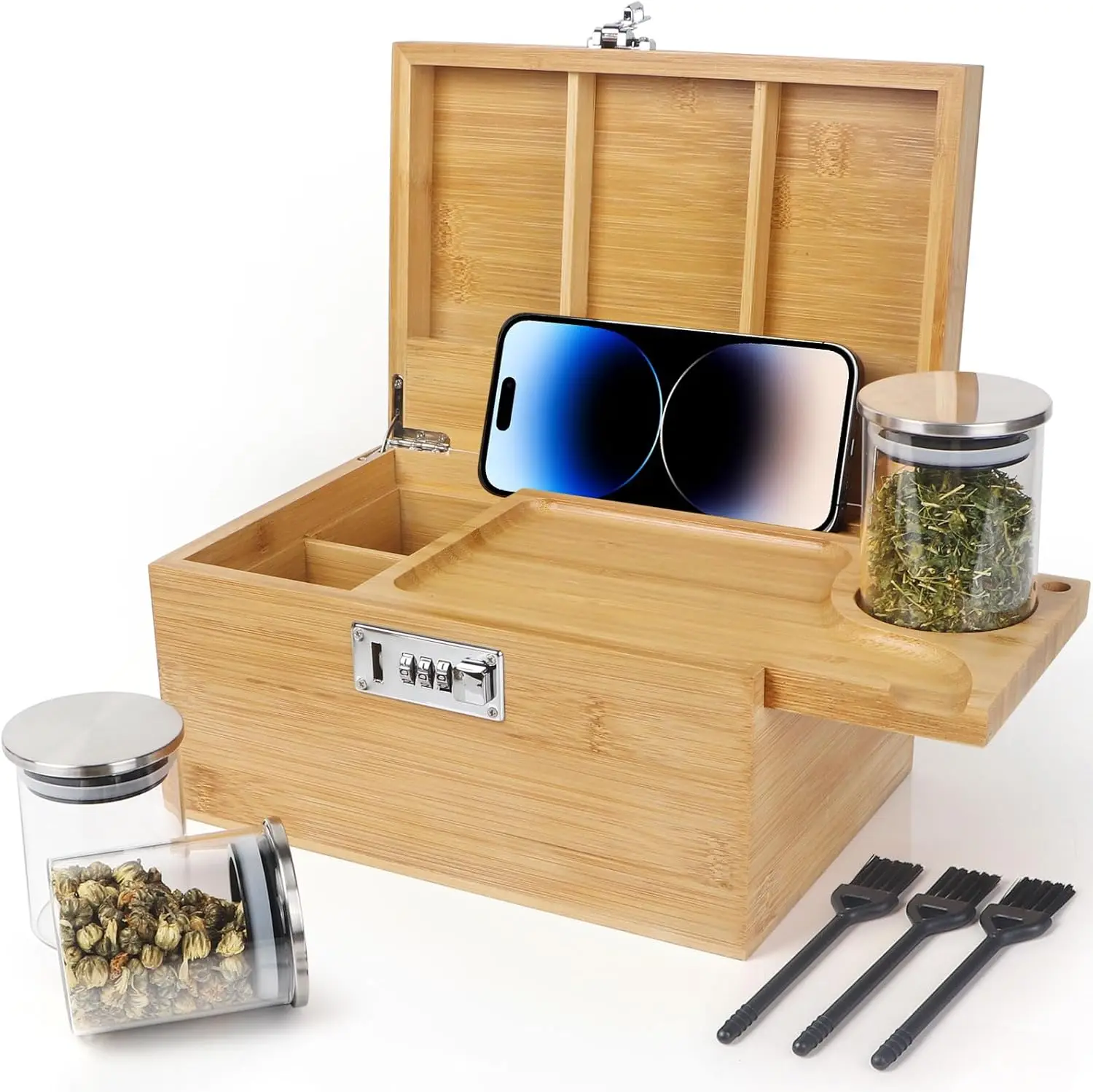 Large Storage Box with Removable Slide-Out Tray,Bamboo Decorative Box with Removable Compartment ,3-Pack Glass Jars