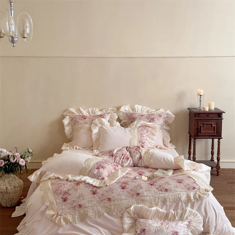1000TC Egyptian Cotton Velvet Print Patchwork Lace Edge Princess Bedding Set Duvet Cover Flat/Fitted Bed Sheet Pillowcases 4Pcs