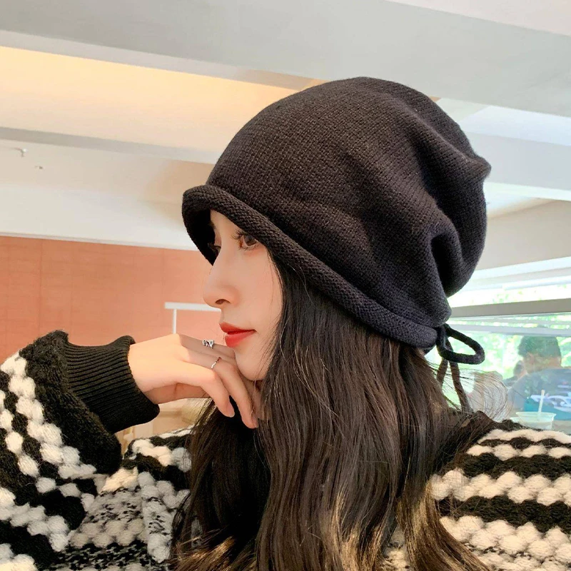 Autumn And Winter Pile Hat With Curled Brim And All-match Warm Cold Hat With Large Head Knitted Drawstring Hat For Women