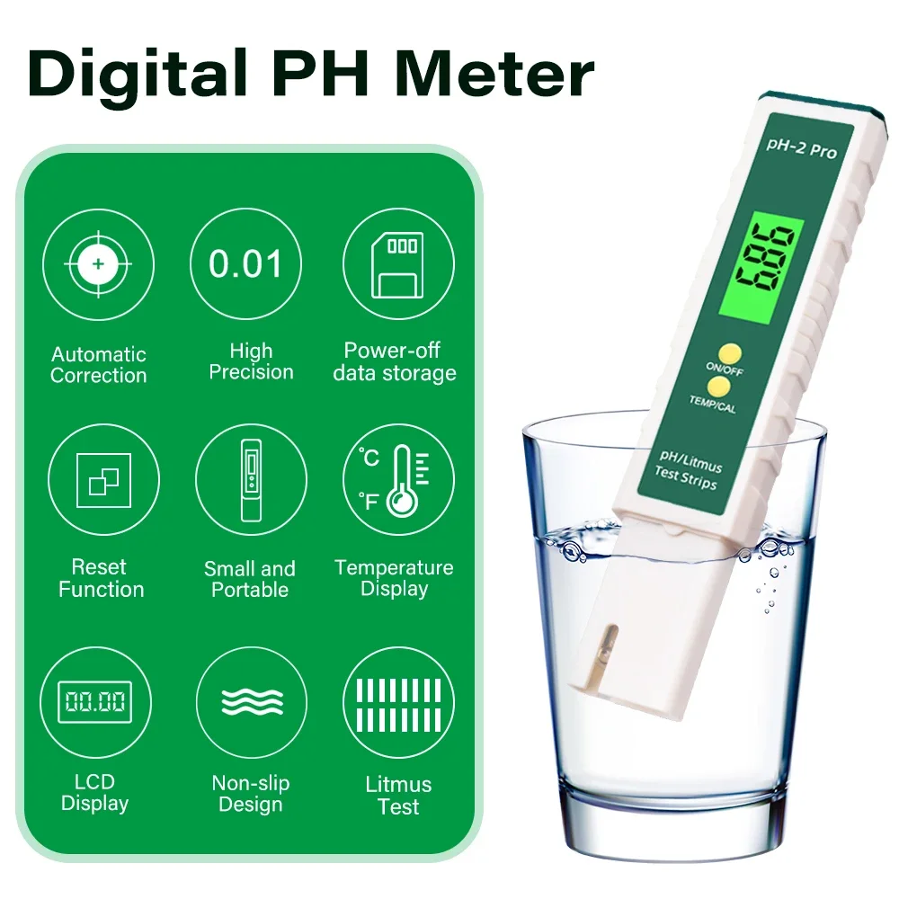 Digital PH-2 Pro PH Meter 0.01 Tester Pen Water PH Test -2.00-16.00 Litmus Strips Backlight Aquarium Hydroponic Lab Measurement