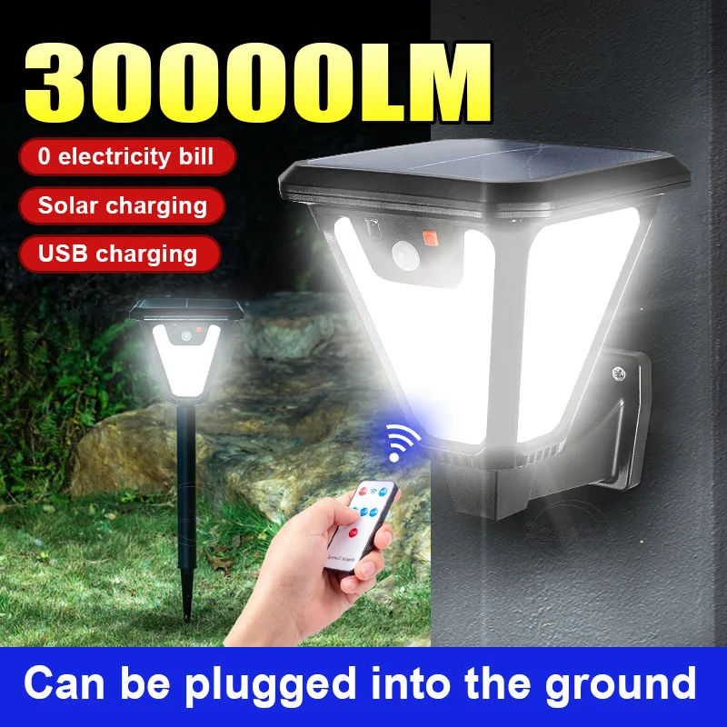 

30000LM 100 светодиодный солнечный свет с датчиком движения, уличный пульт дистанционного управления, водонепроницаемый настенный светильник, прожектор для сада, двора, улицы, солнечная лампа