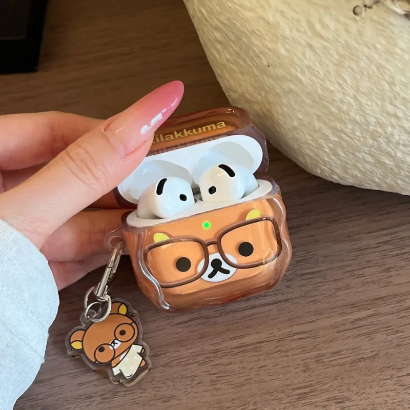 Korea Kawaii Rilakkuma mit Brille AirPods Hülle mit Anhänger für AirPods 4 3 2 1 Pro Pro 2 Pro 3 Transparente Sturzsichere Abdeckung