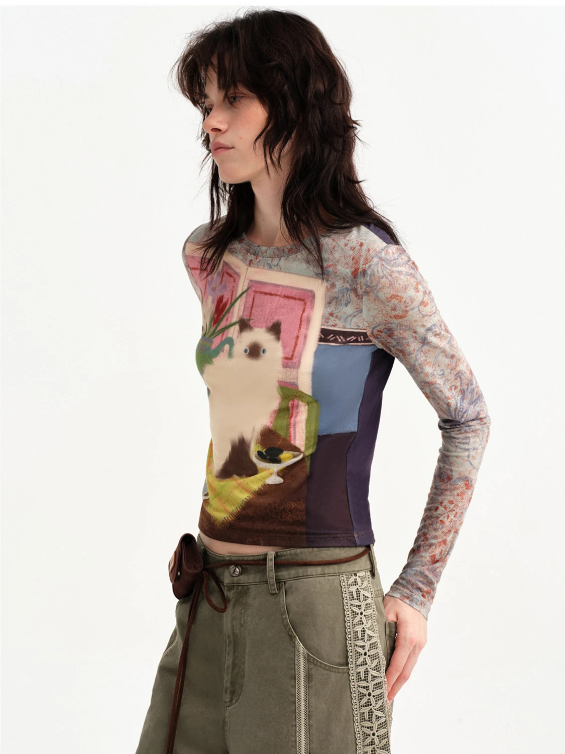CHEERART Cat On The Mural Graphic Tees Long Sleeve Mesh Top For Women T Shirt Fashion Designer Top Fall Clothes 2026 New