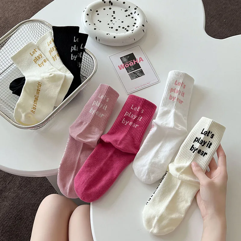 Socks Girls Spring Fall Mid-tube Cotton Socks Ins Trend Letters Solid Color Stockings Spring Sports Student Personality Socks