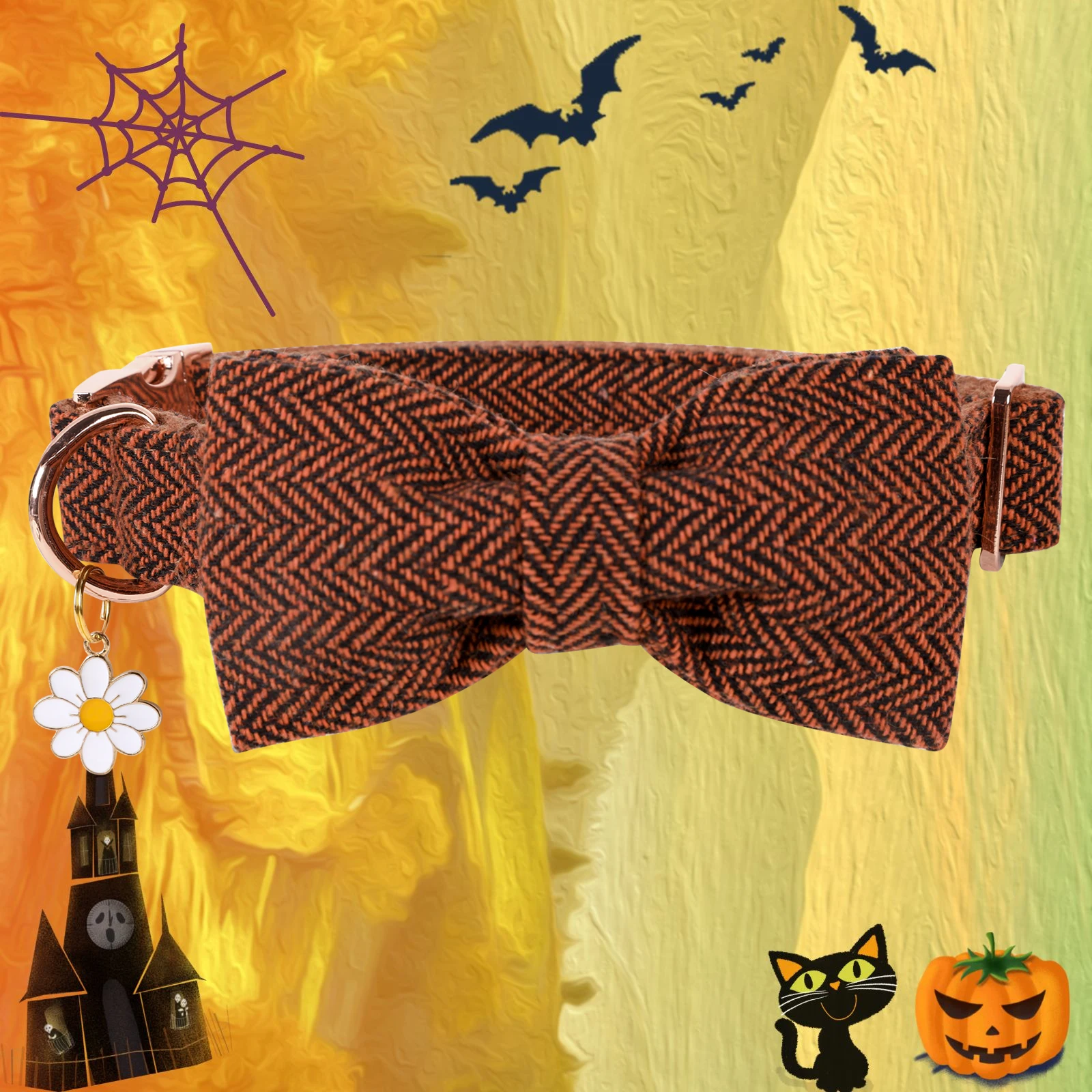 Elegant little tail Halloween Dog Collar with Bow Herringbone Orange Dog Collar Bow Cotton Durable Bowtie Collar Pet Dog Collar