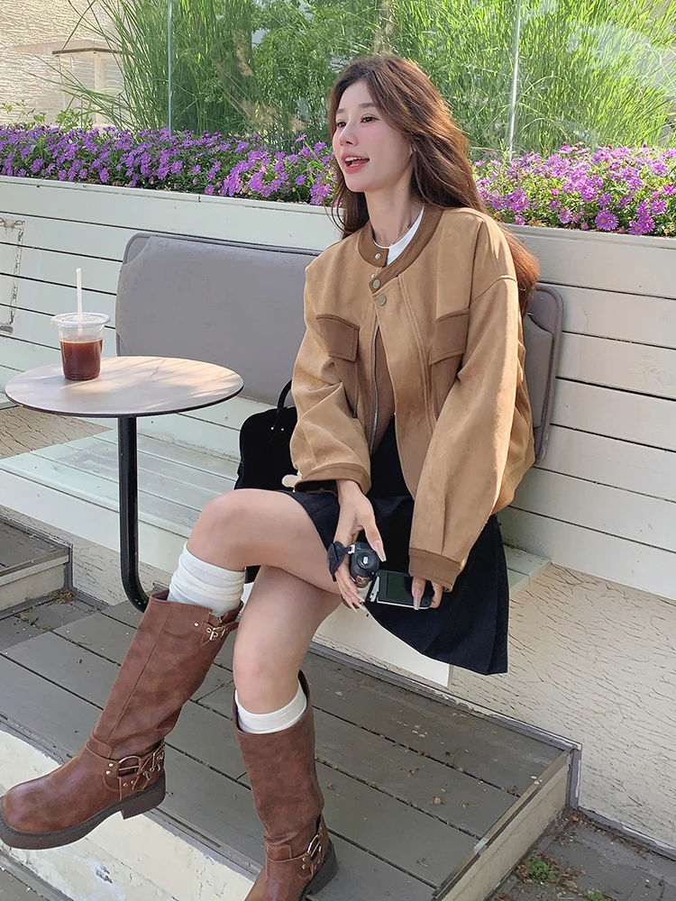 Maillard-Chaqueta tipo Cargo de ante marrón para mujer pequeña, chaqueta Bomber informal de gran tamaño, ropa de abrigo versátil, primavera y otoño