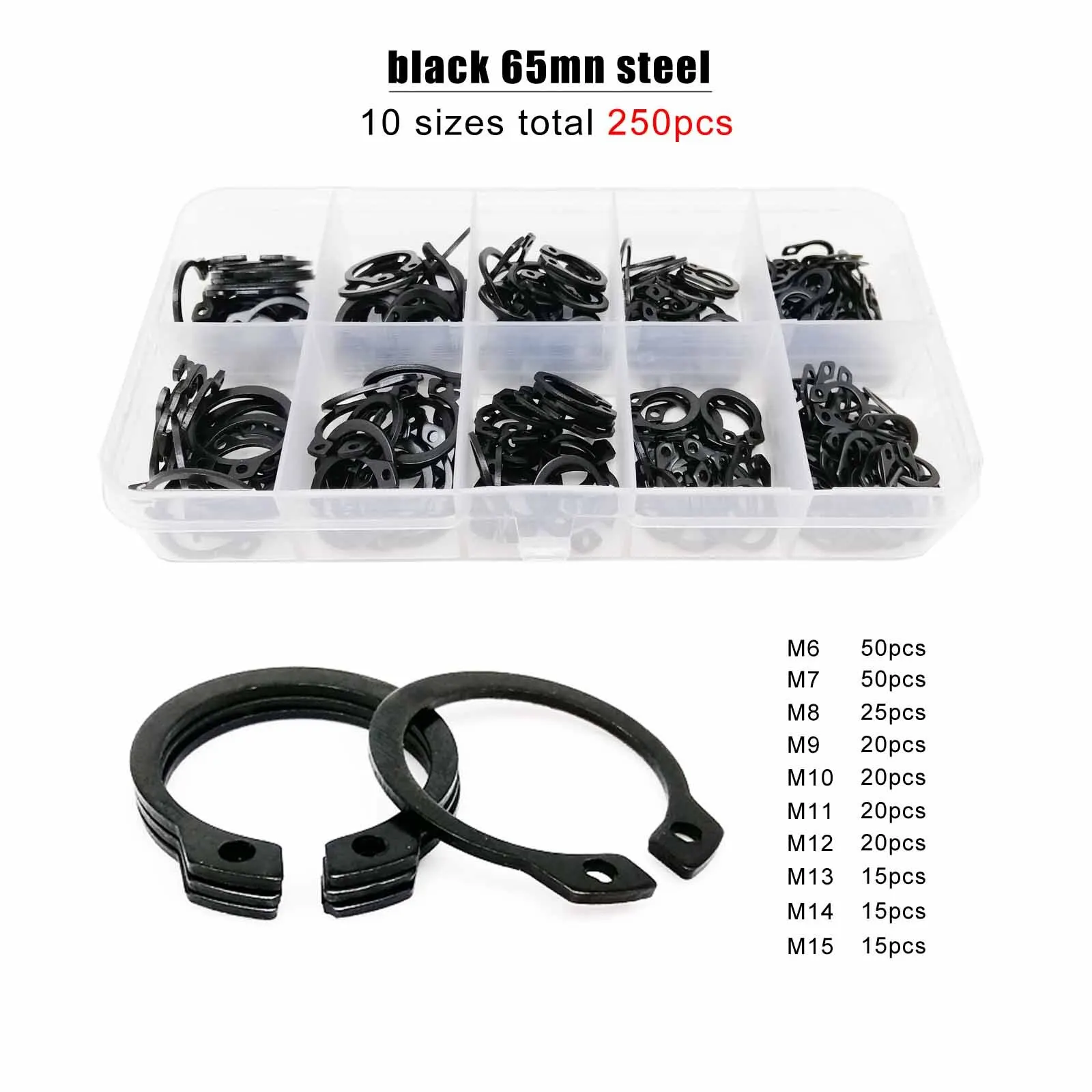 250pcs/box C Type External Circlip Clip Snap Ring Mix M6 to M15 Kit Set for Shaft Bearing Retaining Stainless Steel Black 65mn