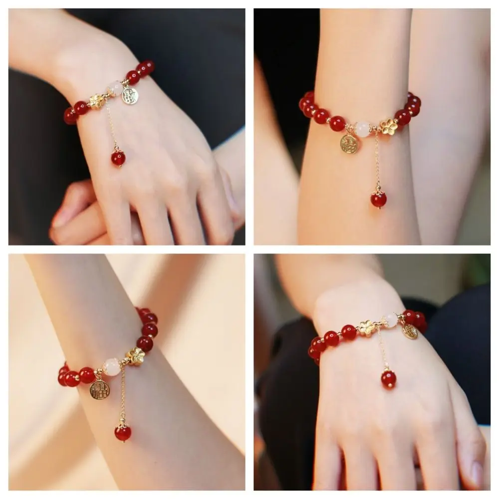 Red Beans Crystal Bracelet Exquisite Chinese Style Peach Blossom Bracelet Elegant FU Character Hand Chain Valentine's Day Gift