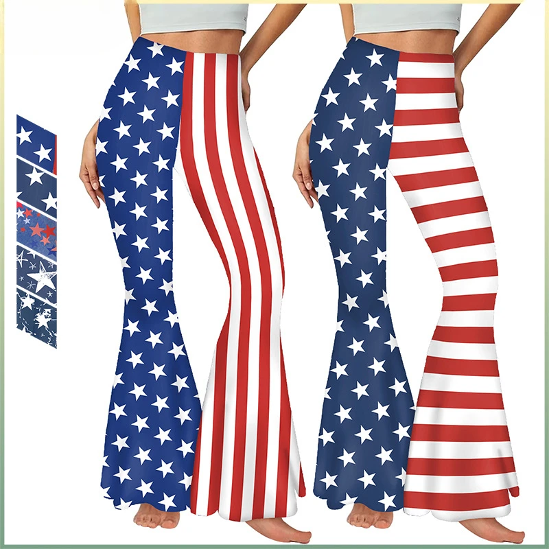 Women European and American Personality Pants Burst Independence Day Flared Pants Striped Digital Printed Casual Leggings