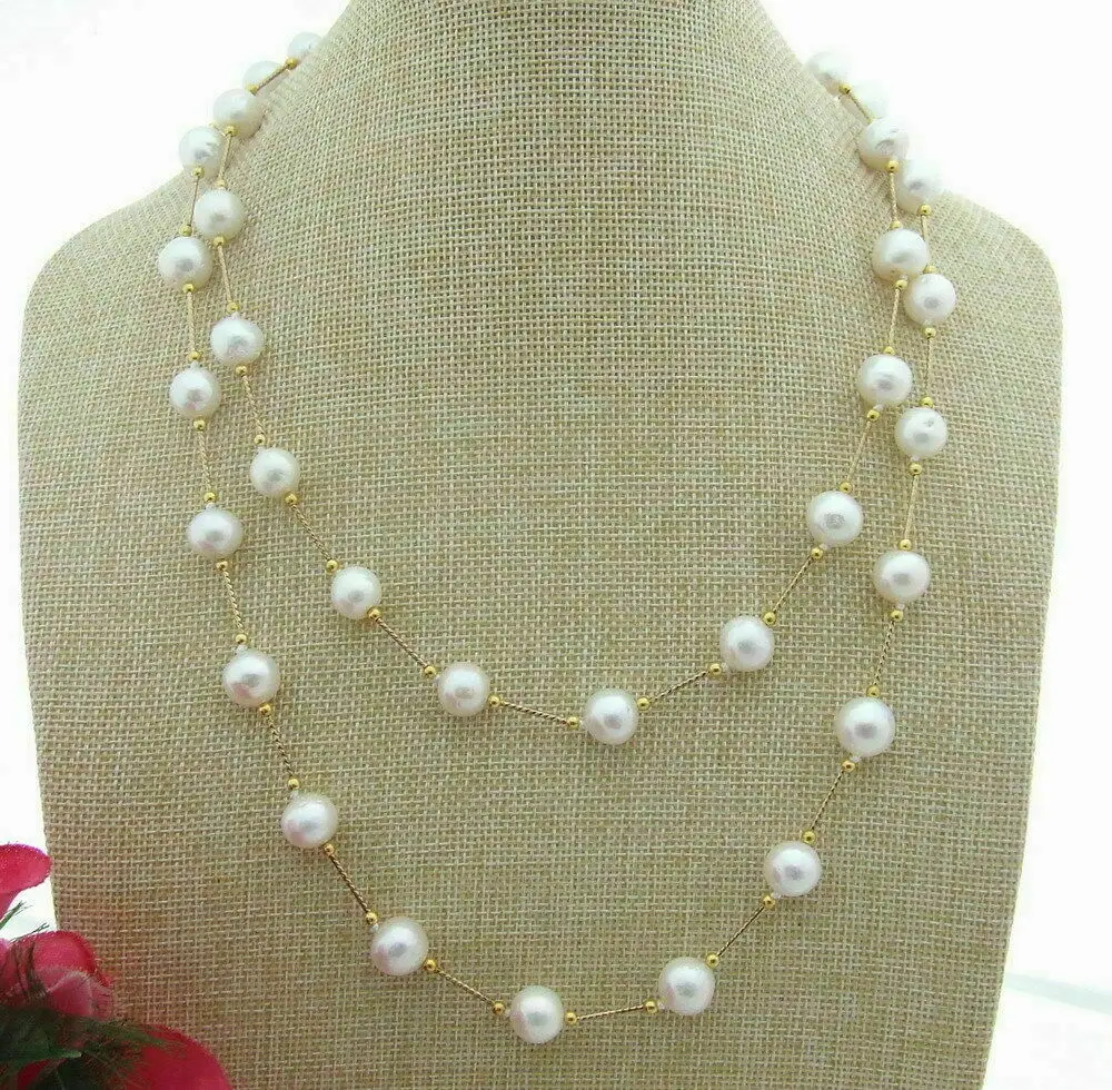 

36 INCH HUGE AAAA ROUND 9-10MM AKOYA WHITE PEARL STATION NECKLACE 14K GOLD P