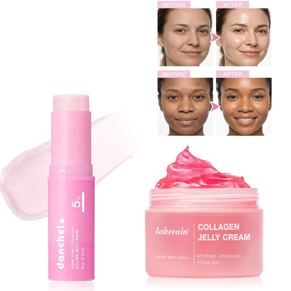 2pcs PDRN Pink Collagen Stick&Collagen Face Cream Multi Volume Balm Anti Aging Firming Anti Wrinkle Moisturizing Skincare Set