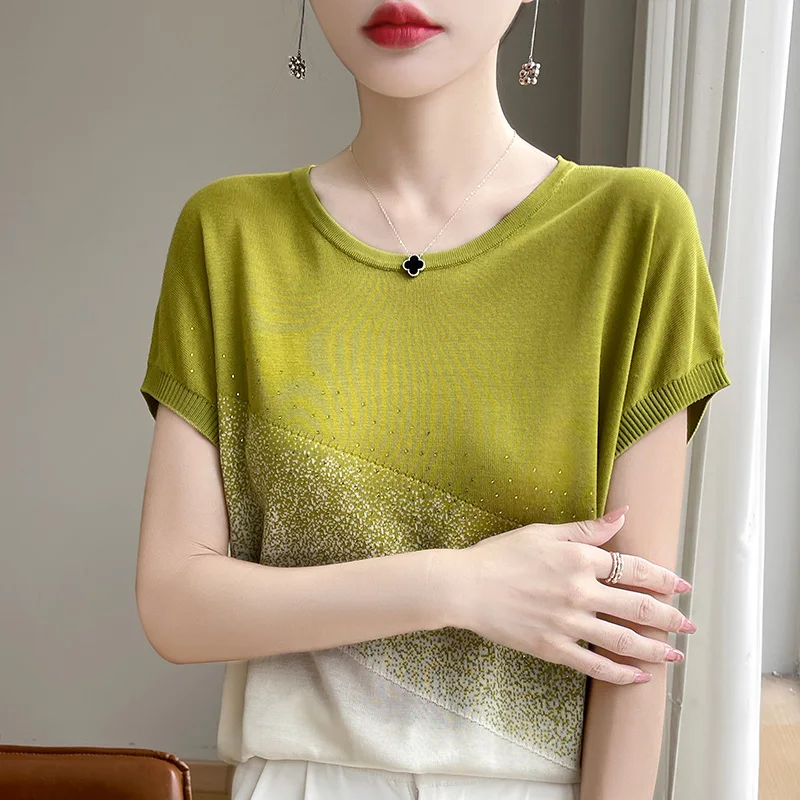 Spring and summer new first-line ready-to-wear women's 100% pure wool sweater round neck loose short sleeve gradient casual T-sh