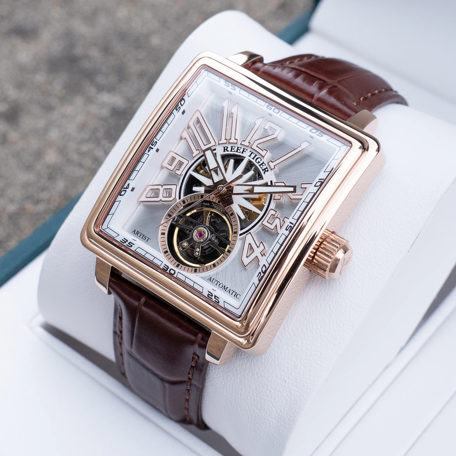

Мужские автоматические часы Reef Tiger RT с розовым золотом, квадратным корпусом, светящимся циферблатом и ремешком из натуральной кожи, модель RGA5026