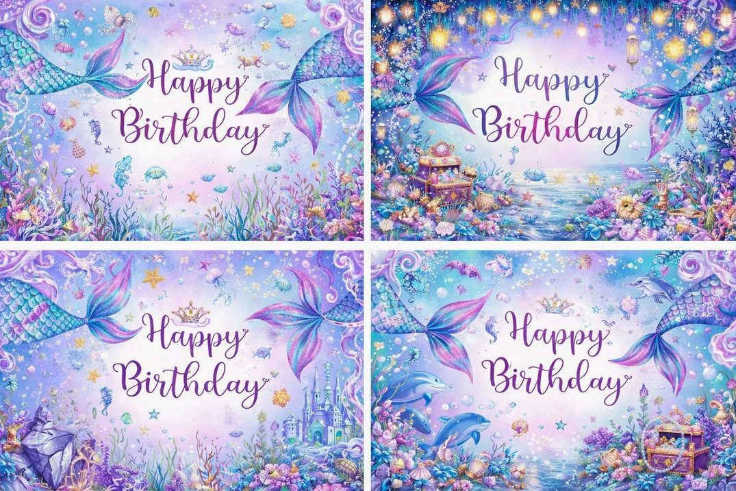 Fondos de estudio fotográfico de cumpleaños con diseño de sirena, océano submarino, coral, colores pastel, ensueños, magia.