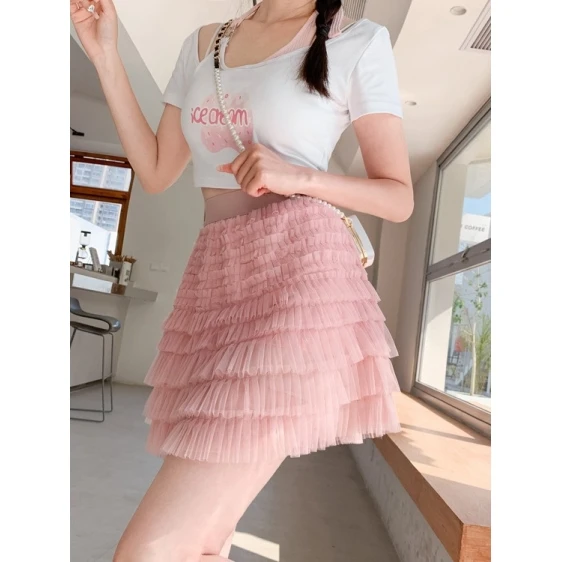 Women's High Waist Layered Tulle Skirt Elastic Waist Cake Style Short Skirt Korean Pure Color 2023 Winter Collection