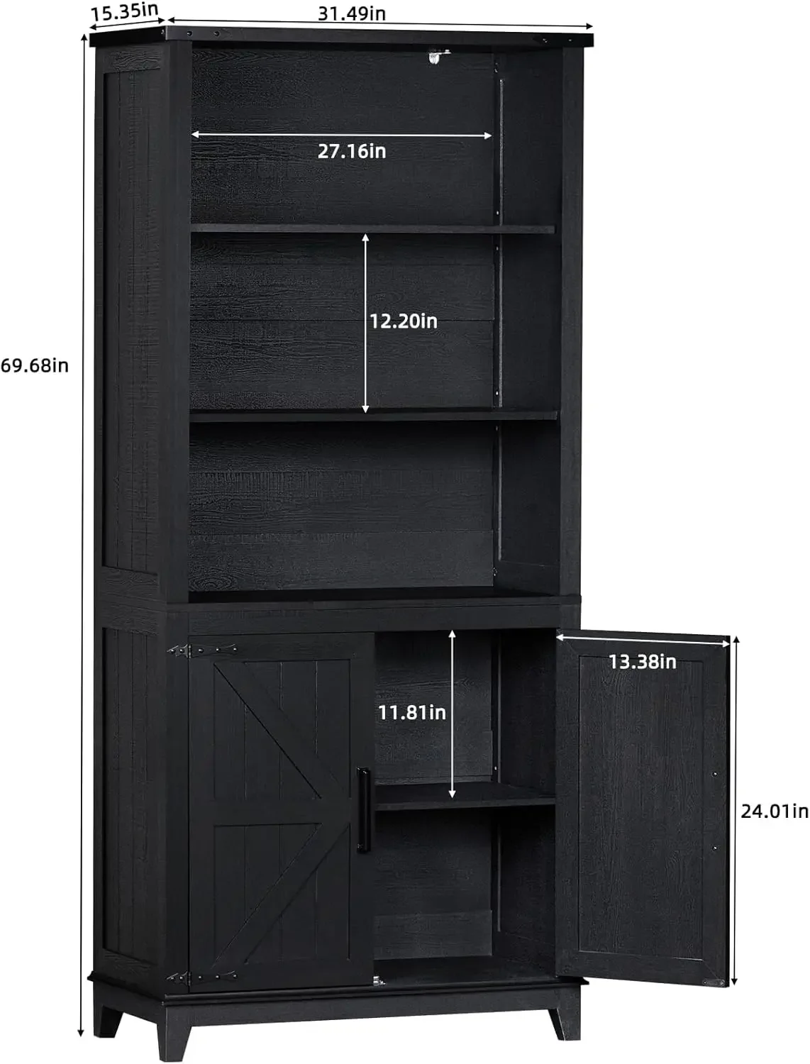 70in Tall Bookshelf 5 Tier Bookcase with Barn Doors and Adjustable Shelves, Black Farmhouse Book Shelf with Storage Cabinet.