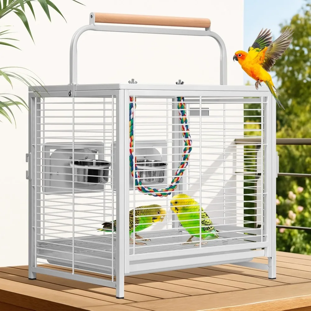 

19 Inch Wrought Iron Bird Travel Carrier Cage for Parrots Conures Lovebird Cockatiel Parakeets White