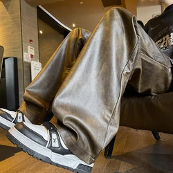 Herbst Winter männer PU Leder Motorrad Hosen Kaffee/Schwarz Männer Breite bein Wischen Hosen Alle-spiel winddicht Plus Größe 8XL-M
