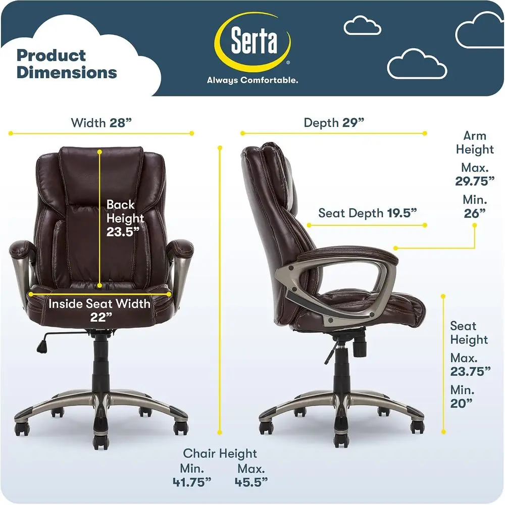 Ergonomic Office Chair with Lumbar Support, Semi-Plush Cushion, Padded Armrests, Swivel Base, Brown Leather