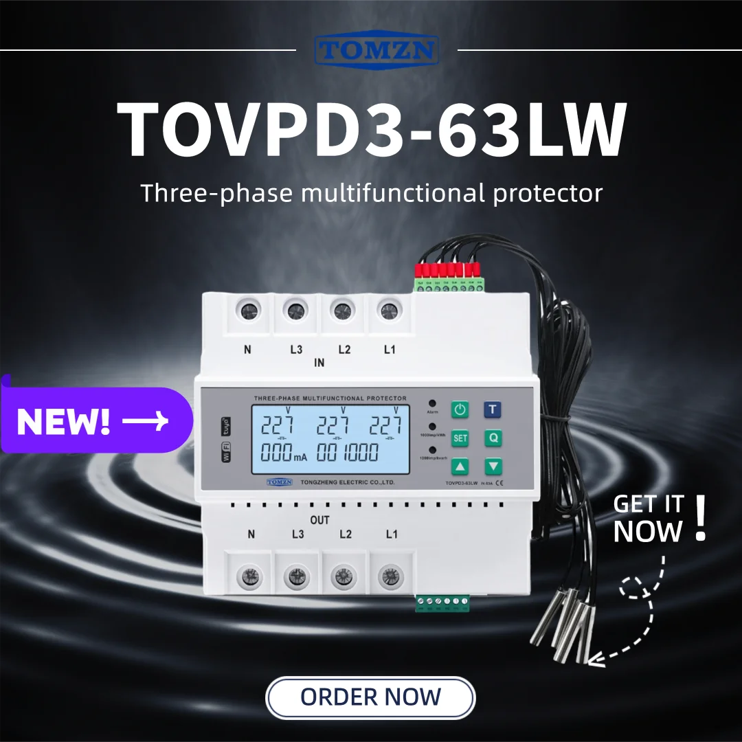 TOMZN WIFI Smart 3 Phase Multi-functional Protector 4P AC 3*230V 63A OVP OCP UVP Leakage Protection Voltage Current Display