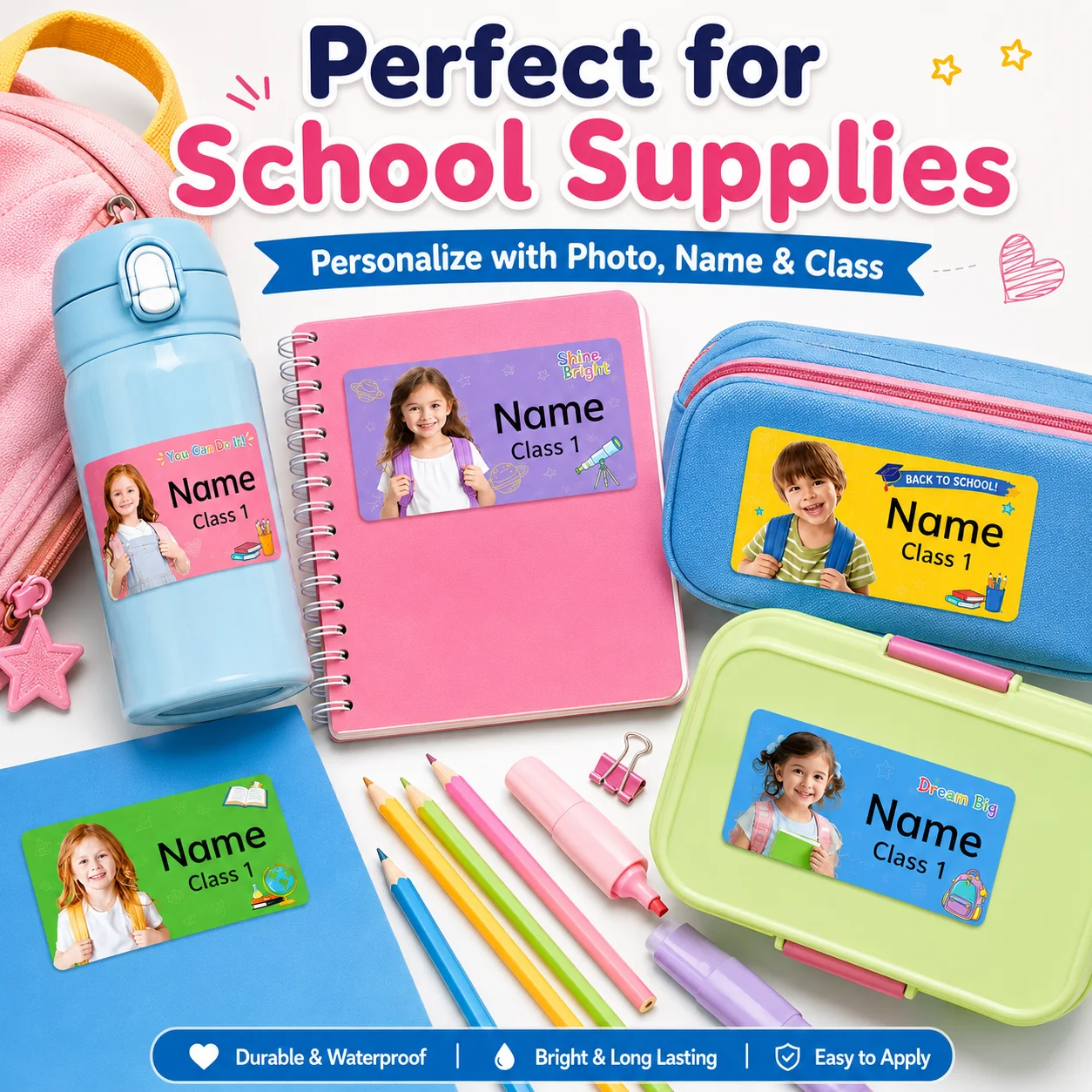 Custom Photo Name Stickers, 4CM Personalized Labels for Bottles, Lunch Boxes, Notebooks, Pencil Cases and Storage Boxes