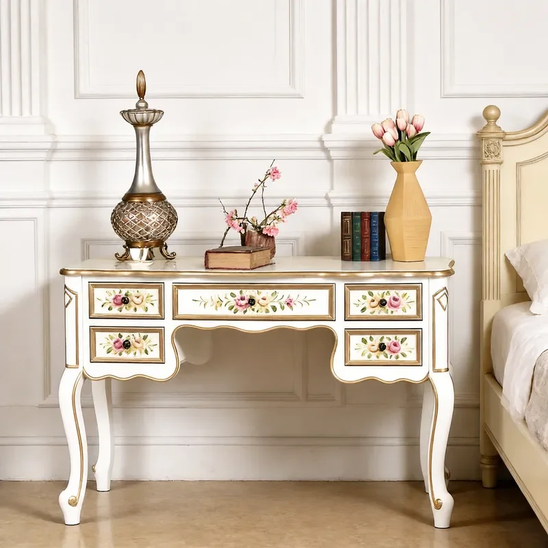 White Vintage Painted Desk with 5 Drawers Floral Pattern Storage for Home Living Room Bedroom