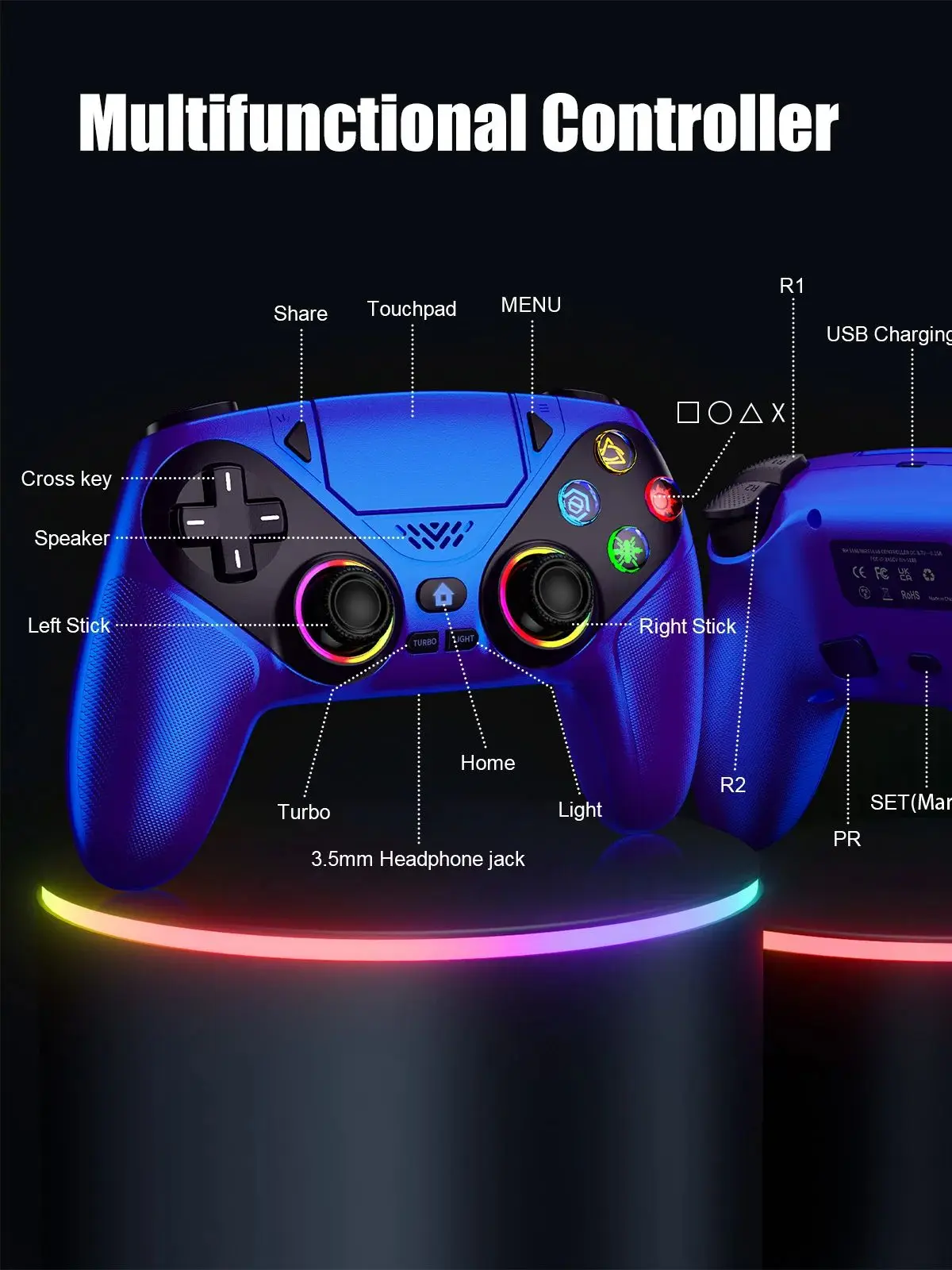 Bezprzewodowy kontroler RGB Light do PS5/PlayStation 5/Pro/Slim/PC, gamepad z efektem Halla, funkcje Marco/Turbo, brak driftu, joystick do sterowania grami. — zdjęcie produktu 7