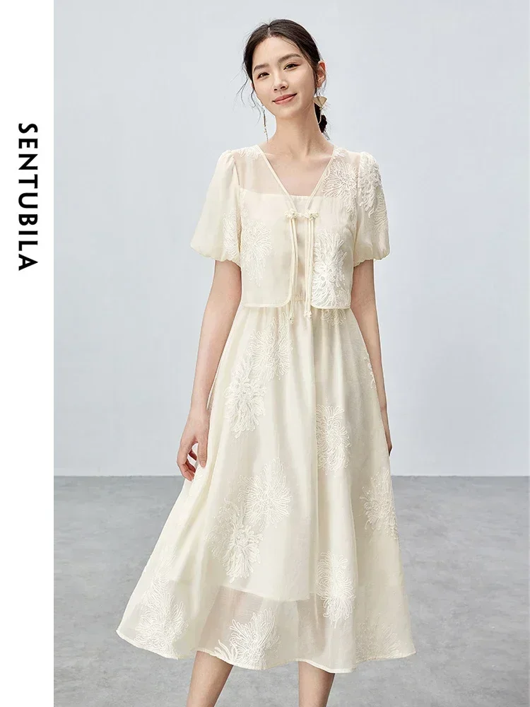 

SENTUBILA Chinese Style 2 In 1 Summer Dress Women 2025 Elegant Floral Embroidery V-neck Lightweight Midi Dresses Woman 142L55416