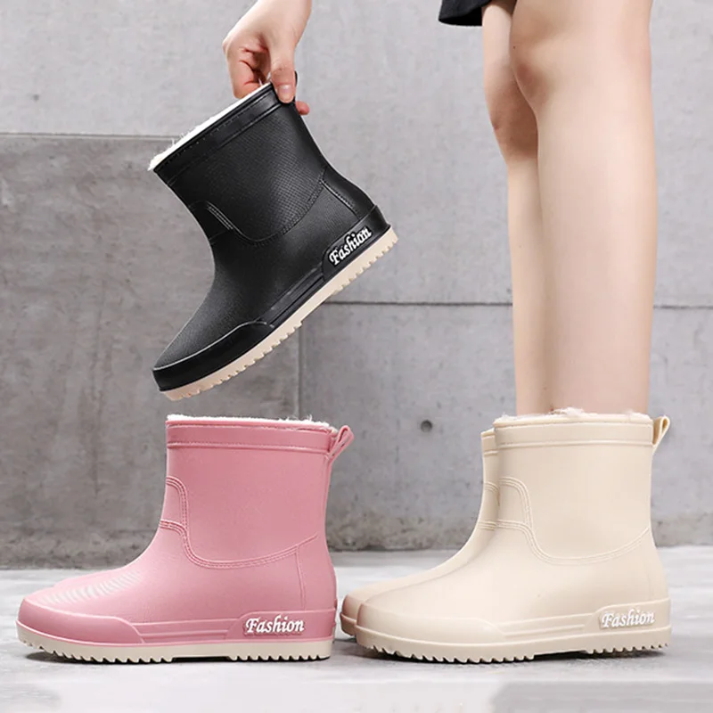 Spring Fashion Short Tube Rain Boots Non-Slip Wear-Resistant Women Middle Tube PVC Rain Boots Waterproof Shoes Work Rubber Shoes