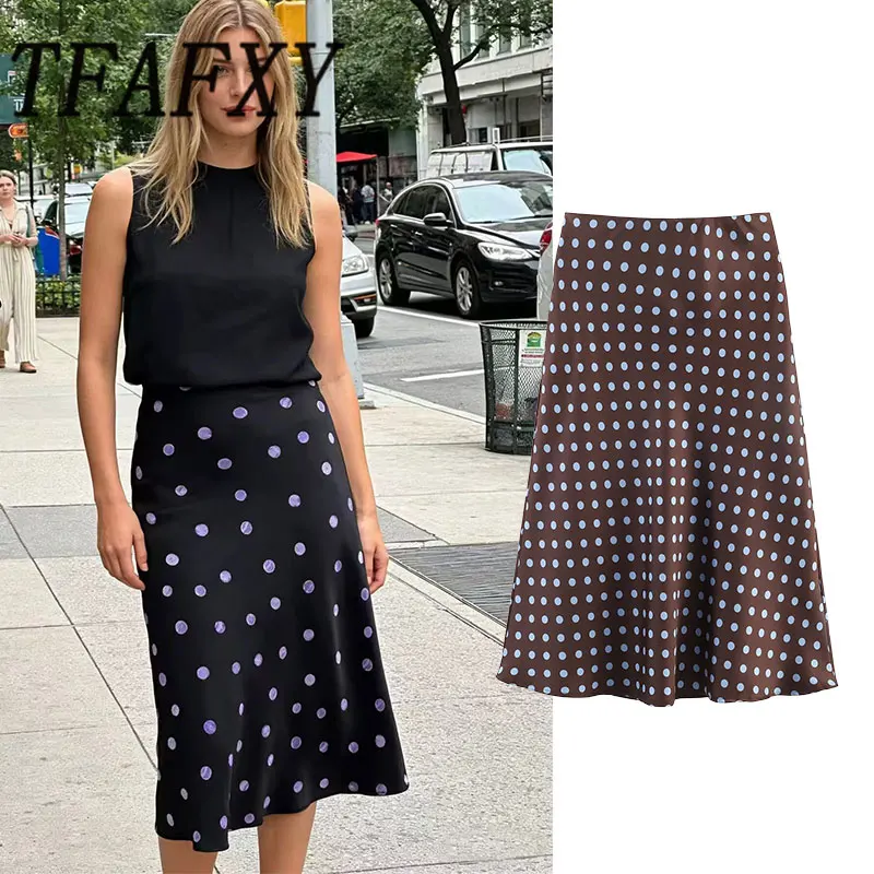 TFAFXY 2026 Frühling Vintage Lässiger Chic Damen Polka Dot Rock Elastische Taille Midi-Rock Neue Mode Urlaub Damen Langer Rock