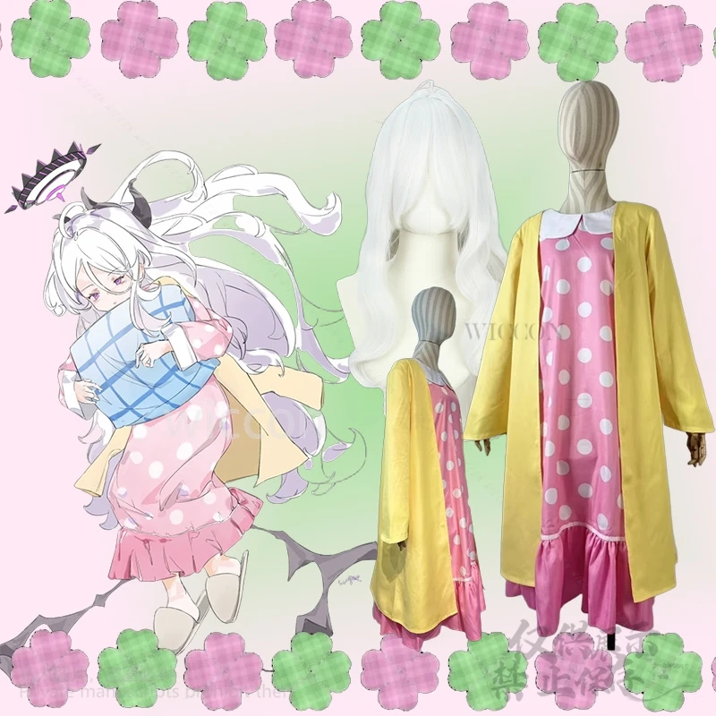 Sorasaki Hina Cosplay Anime Game Blue Archive Costume Polka Dot PajamasLifelike=/  Yellow Coat Wigs Loli Lolita Girls Customized