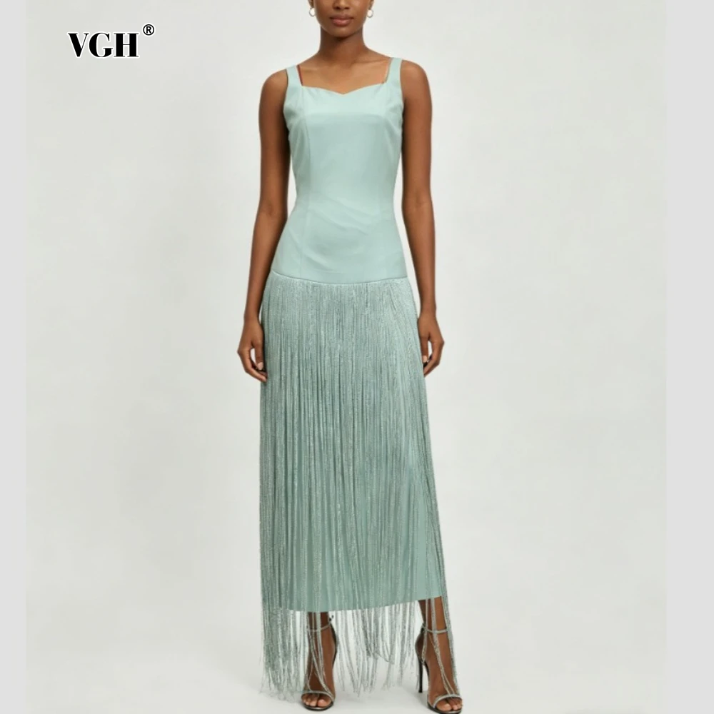 VGH Green Loose Spliced Tassel Dresses for Women Square Collar Sleeveless Luxury Intellectual Dress Female Summer Fashion New