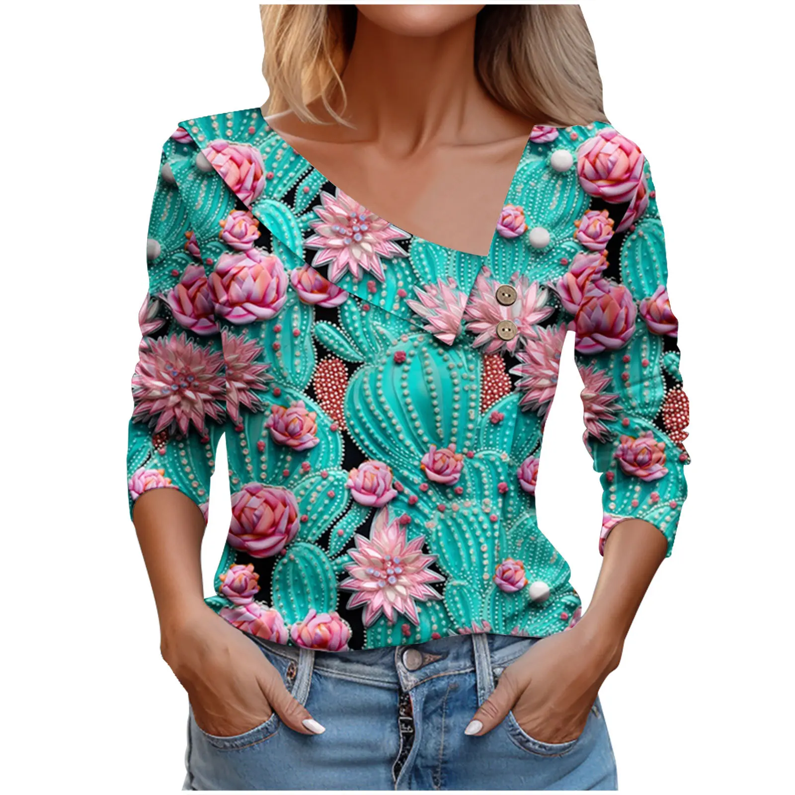 Women Floral Print Diagonal Collar Blouse Top 2023 Casual Long Sleeve Shirts 2YK Vintage V-Neck Stitch Button Pullover Blusa