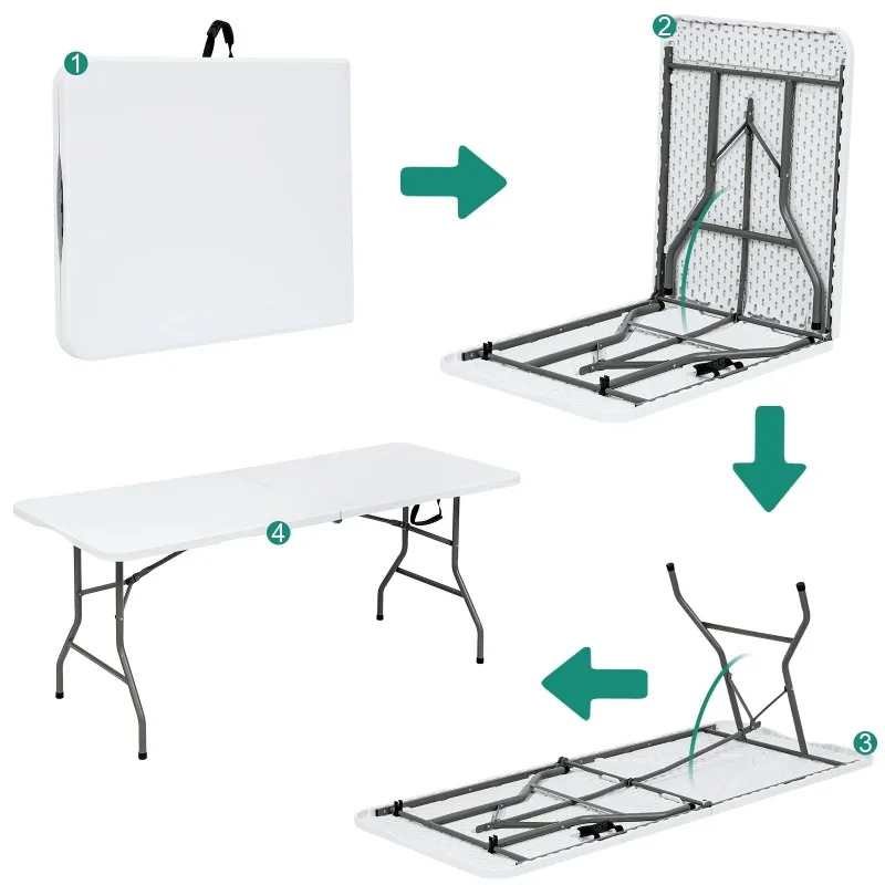 Mesa utilitária dobrável de 6 pés dobrável ao meio mesa de acampamento de jantar de festa de piquenique de plástico portátil, branca