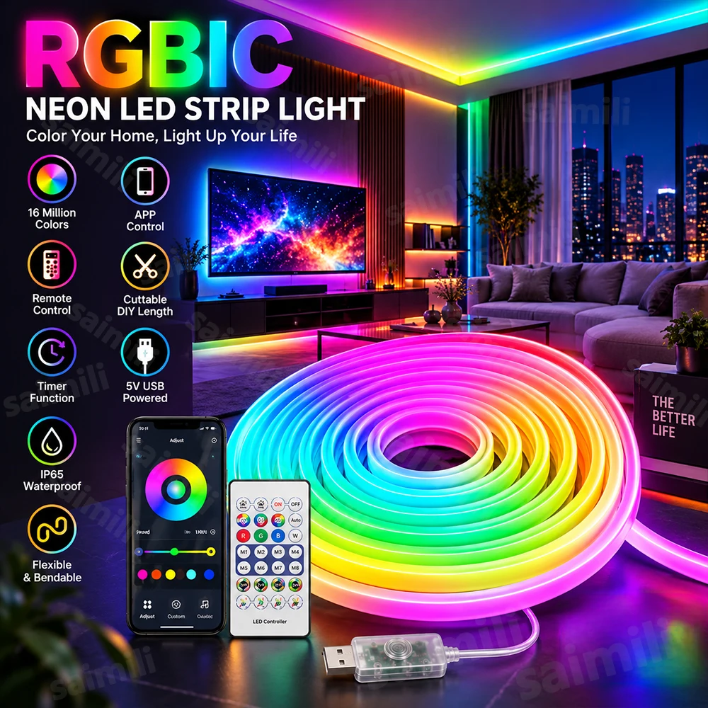 USB RGBIC LED Neon Strip Light Dream Color 16 Million Colors Music Sync Cuttable Flexible LED Neon Rope For Wall TV Backdrop