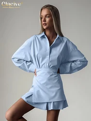 Clacive Fashion Loose Blue Cotton 2 Piece Sets Women Outfit 2024 Elegant Long Sleeve Blouses With High Waist Mini Skirts Set