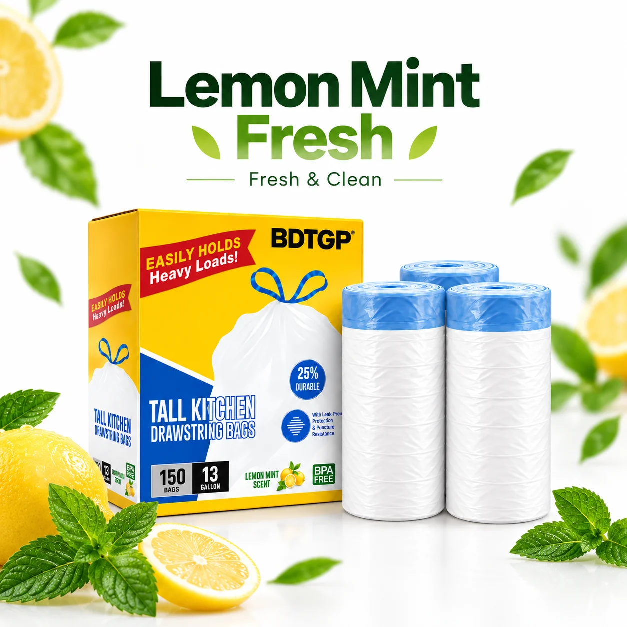 13-gallon trash can, includes 150 disposable tear-resistant trash bags, puncture-resistant tear trash bags, deodorizing technology, drawstring trash bags, fresh lemon mint scent, easy to use, more durable drawstring kitchen trash bags